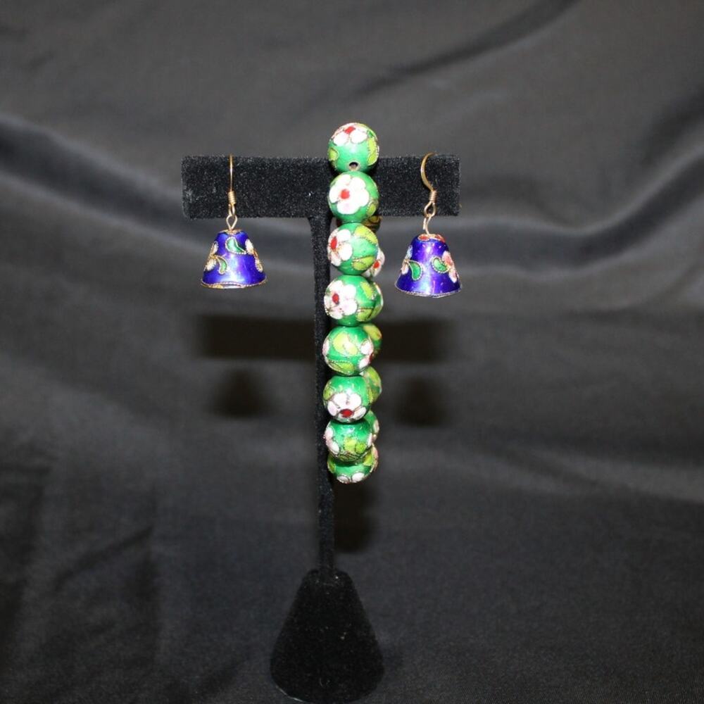 Cloisonne Stretch Floral Bracelet, Earrings, #16 loose beads, Multicolor